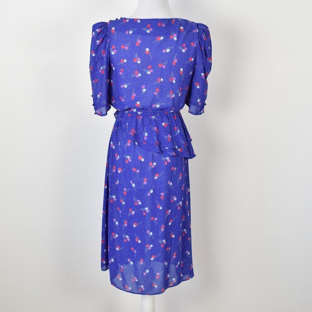 80's Vintage Floral Belted Peplum Formal Dress - 4 - Picture 8 of 13